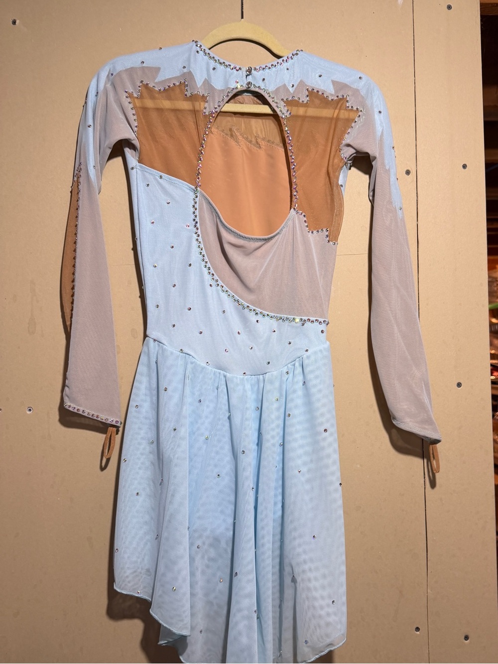 Light Blue & Nude Long-Sleeve Mini Dress with Open Back and Rhinestones